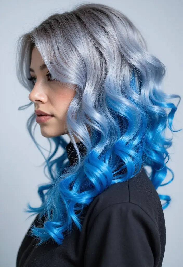50 Trendy Two-Tone Hair Color Ideas for a Fresh Vibe 25 50 Trendy Two-Tone Hair Color Ideas for Curly Hair Types - 24. Electric Blue and Silver Grey