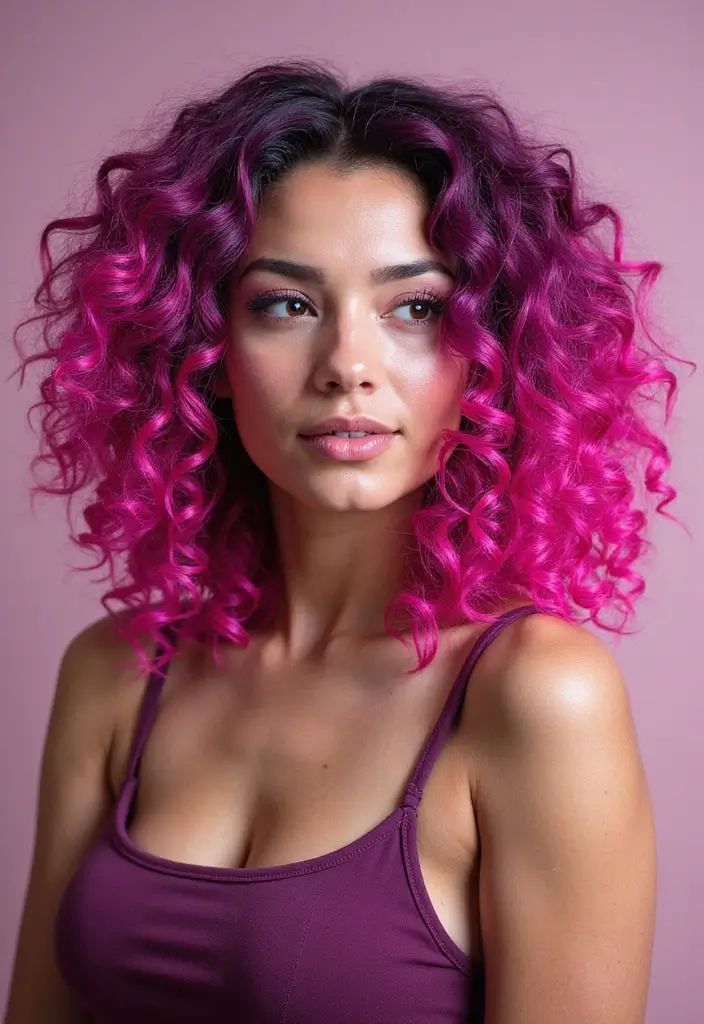 50 Trendy Two-Tone Hair Color Ideas for a Fresh Vibe 28 50 Trendy Two-Tone Hair Color Ideas for Curly Hair Types - 27. Bright Pink and Plum