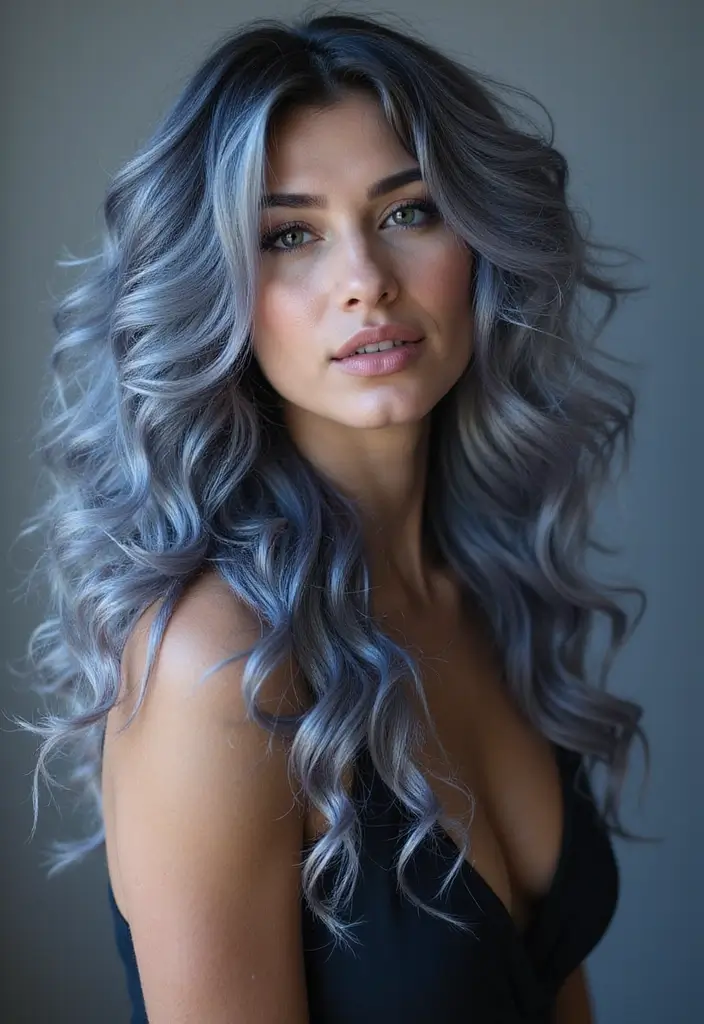 50 Trendy Two-Tone Hair Color Ideas for a Fresh Vibe 29 50 Trendy Two-Tone Hair Color Ideas for Curly Hair Types - 28. Silver and Midnight Blue