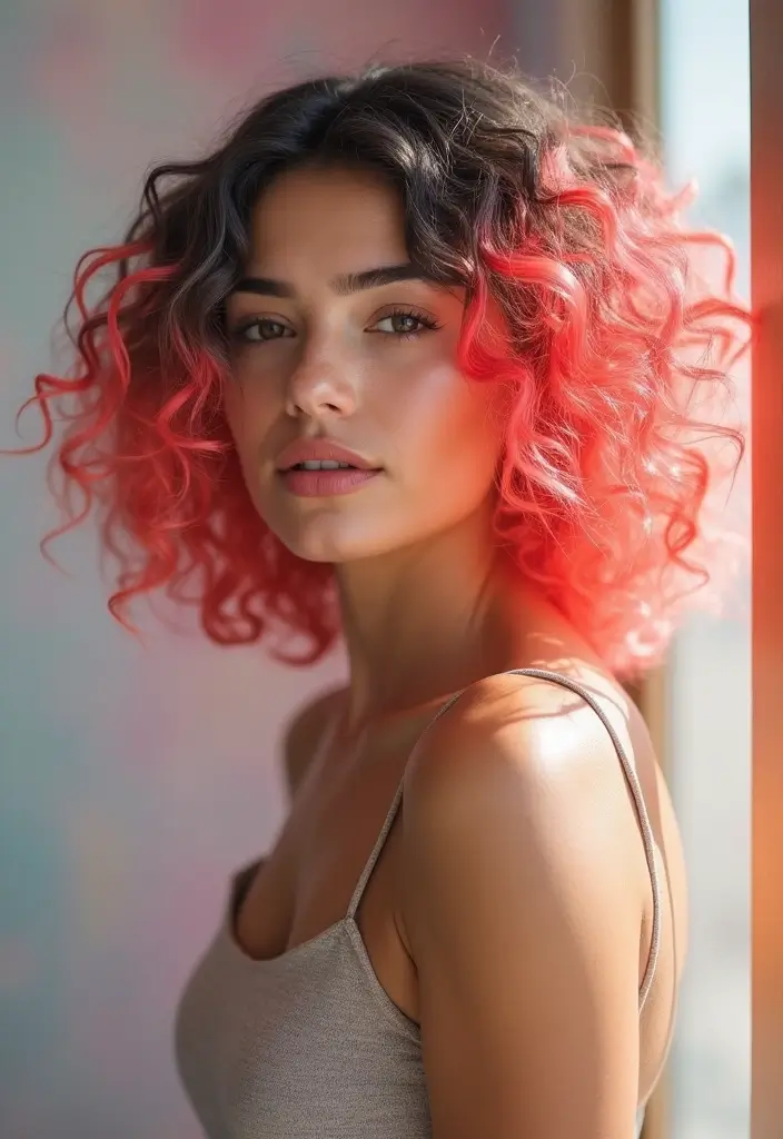 50 Trendy Two-Tone Hair Color Ideas for a Fresh Vibe 34 50 Trendy Two-Tone Hair Color Ideas for Curly Hair Types - 33. Bright Coral and Ash Grey