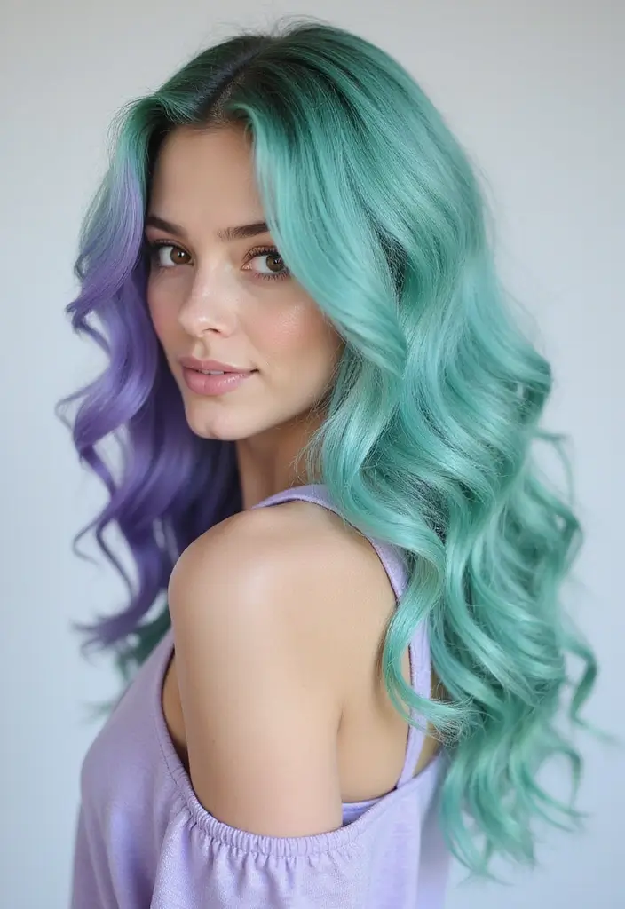 50 Trendy Two-Tone Hair Color Ideas for a Fresh Vibe 36 50 Trendy Two-Tone Hair Color Ideas for Curly Hair Types - 35. Mint Green and Dark Lavender