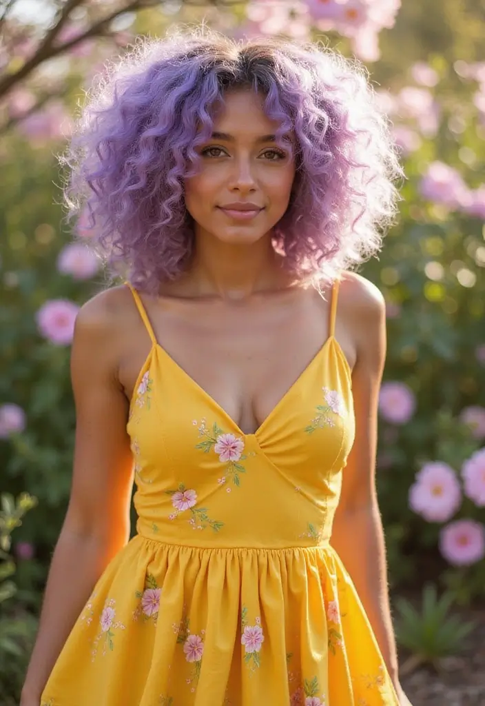 50 Trendy Two-Tone Hair Color Ideas for a Fresh Vibe 37 50 Trendy Two-Tone Hair Color Ideas for Curly Hair Types - 36. Lavender and Sunshine Yellow