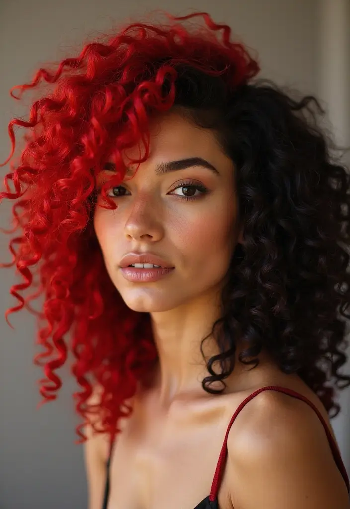 50 Trendy Two-Tone Hair Color Ideas for a Fresh Vibe 46 50 Trendy Two-Tone Hair Color Ideas for Curly Hair Types - 45. Bright Red and Jet Black