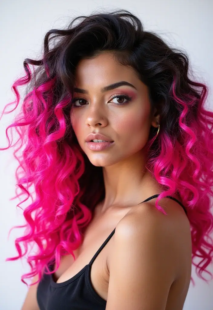 50 Trendy Two-Tone Hair Color Ideas for a Fresh Vibe 49 50 Trendy Two-Tone Hair Color Ideas for Curly Hair Types - 48. Neon Pink and Black