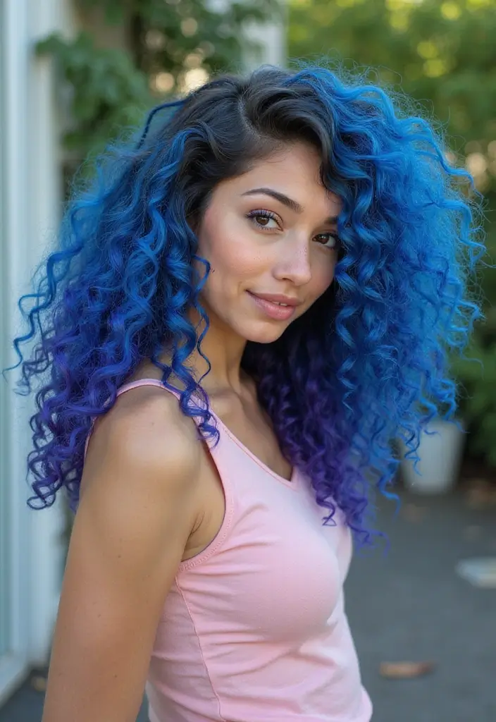 50 Trendy Two-Tone Hair Color Ideas for a Fresh Vibe 50 50 Trendy Two-Tone Hair Color Ideas for Curly Hair Types - 49. Bright Blue and Dark Purple