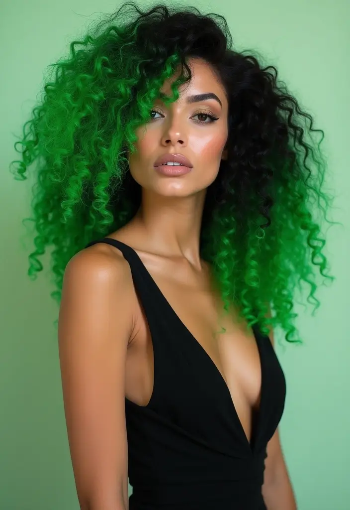 50 Trendy Two-Tone Hair Color Ideas for a Fresh Vibe 6 50 Trendy Two-Tone Hair Color Ideas for Curly Hair Types - 6. Electric Green and Jet Black