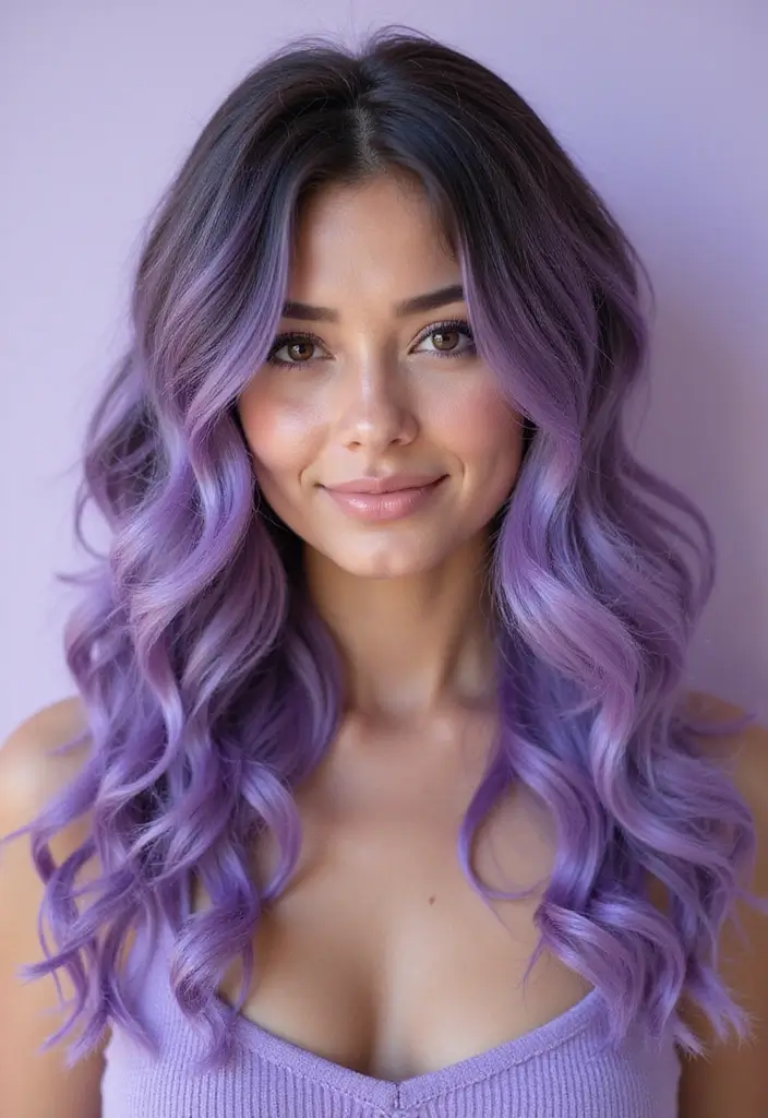 50 Trendy Two-Tone Hair Color Ideas for a Fresh Vibe 7 50 Trendy Two-Tone Hair Color Ideas for Curly Hair Types - 7. Lavender and Dark Purple Ombre