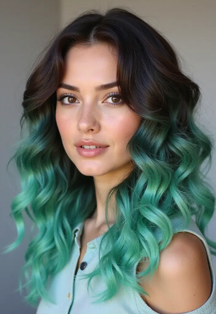 50 Trendy Two-Tone Hair Color Ideas for a Fresh Vibe 9 50 Trendy Two-Tone Hair Color Ideas for Curly Hair Types - 9. Mint Green and Dark Brown