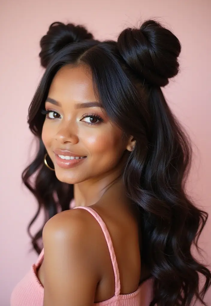 50 Two Buns Hairstyles for Black Natural Hair That Slay - 10. Half-Up Two Buns