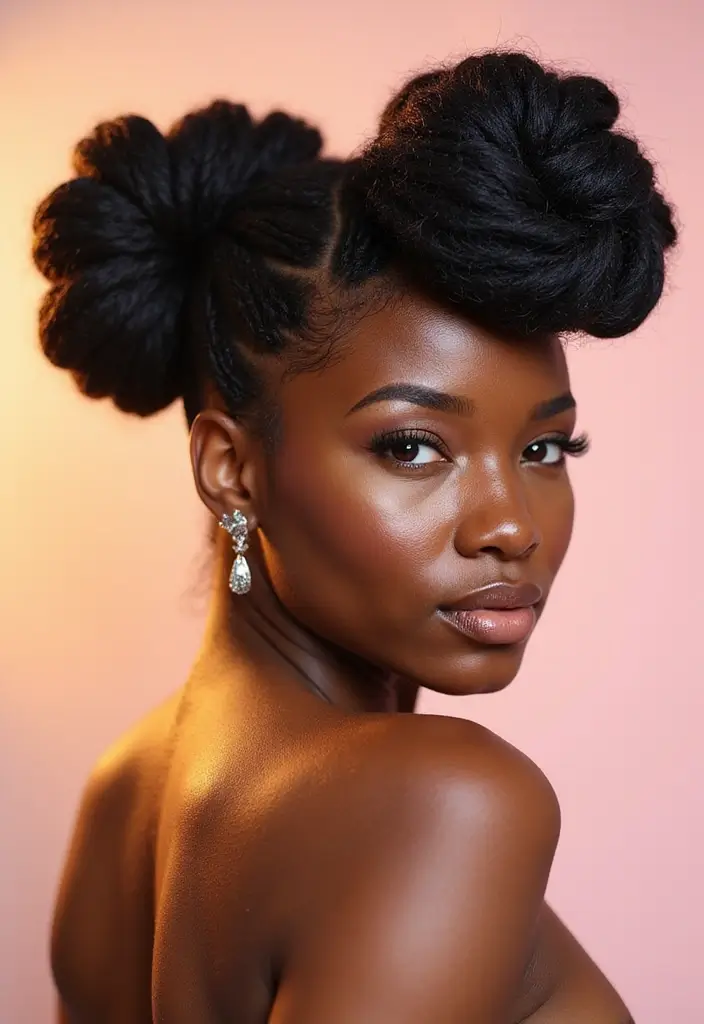 50 Two Buns Hairstyles for Black Natural Hair That Slay - 12. Twisted Halo Buns