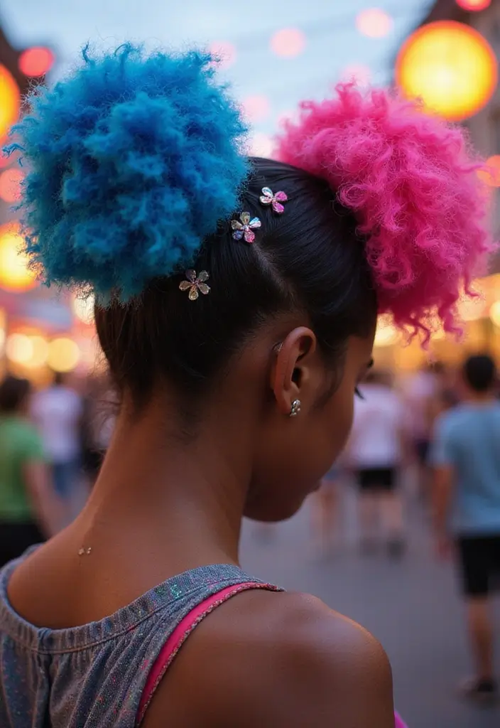 50 Two Buns Hairstyles for Black Natural Hair That Slay - 18. Colorful Two Buns