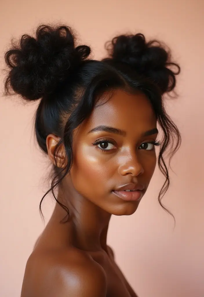 50 Two Buns Hairstyles for Black Natural Hair That Slay - 2. Messy Bun Vibes