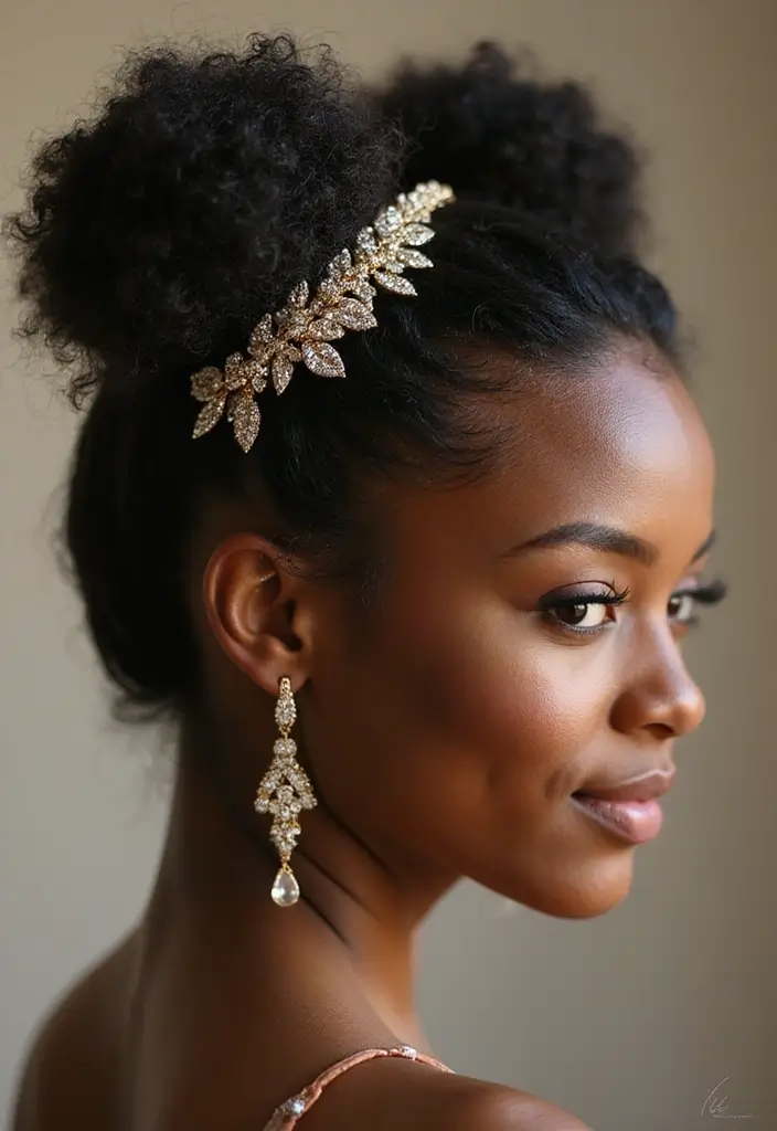 50 Two Buns Hairstyles for Black Natural Hair That Slay - 22. Two Buns with Hair Jewelry