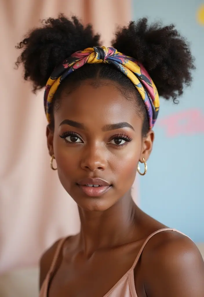 50 Two Buns Hairstyles for Black Natural Hair That Slay - 29. Two Buns with Headband