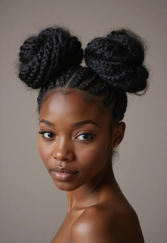 50 Two Buns Hairstyles for Black Natural Hair That Slay - 3. Braided Two Buns