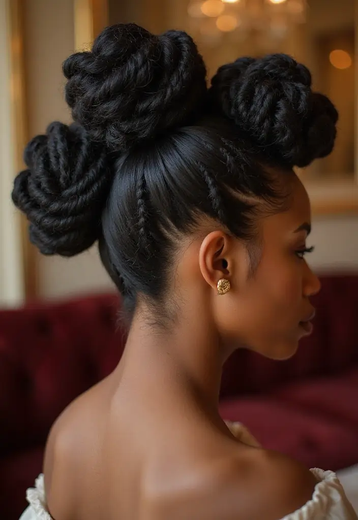 50 Two Buns Hairstyles for Black Natural Hair That Slay - 34. Glamorous Two Buns