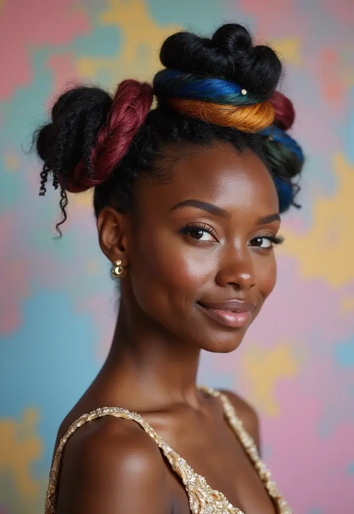 50 Two Buns Hairstyles for Black Natural Hair That Slay - 39. Artistic Bun Variations
