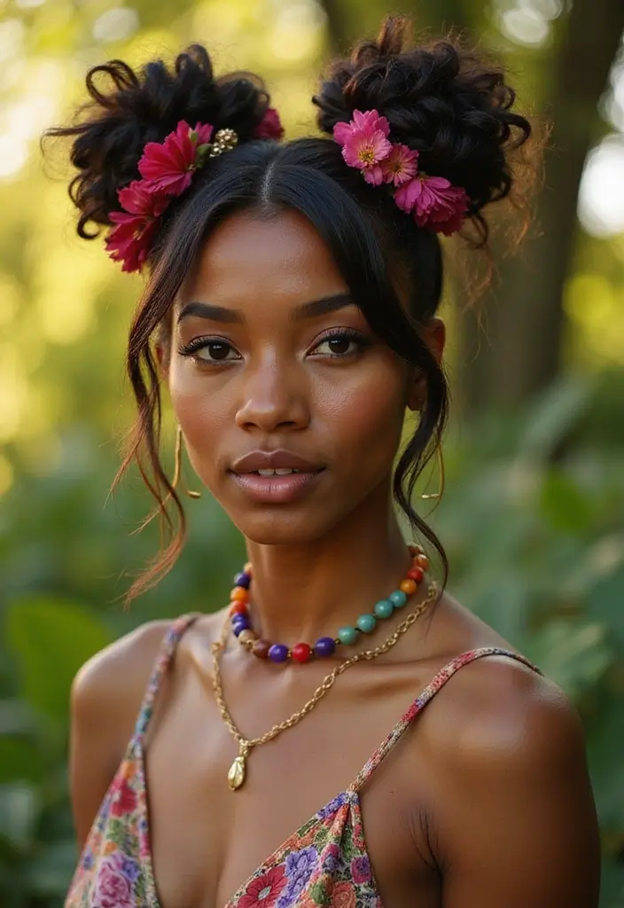 50 Two Buns Hairstyles for Black Natural Hair That Slay - 40. Bohemian Two Buns