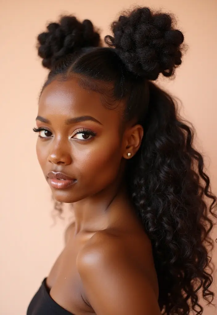 50 Two Buns Hairstyles for Black Natural Hair That Slay - 42. Two Buns with Cascading Hair