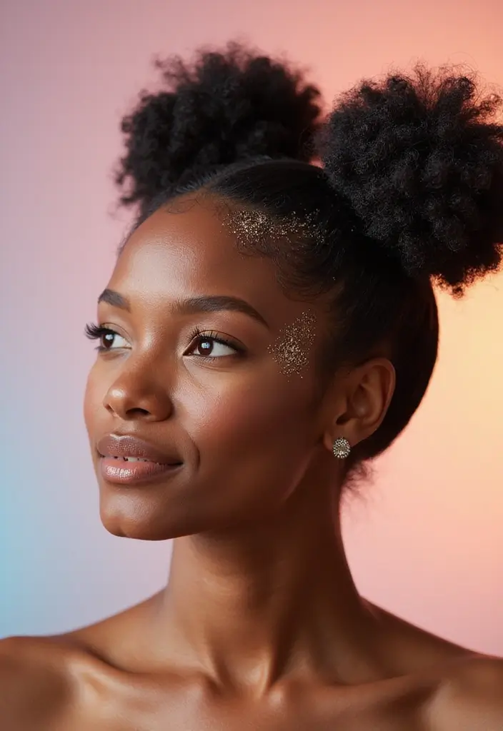 50 Two Buns Hairstyles for Black Natural Hair That Slay - 45. Two Buns with a Pop of Glitter