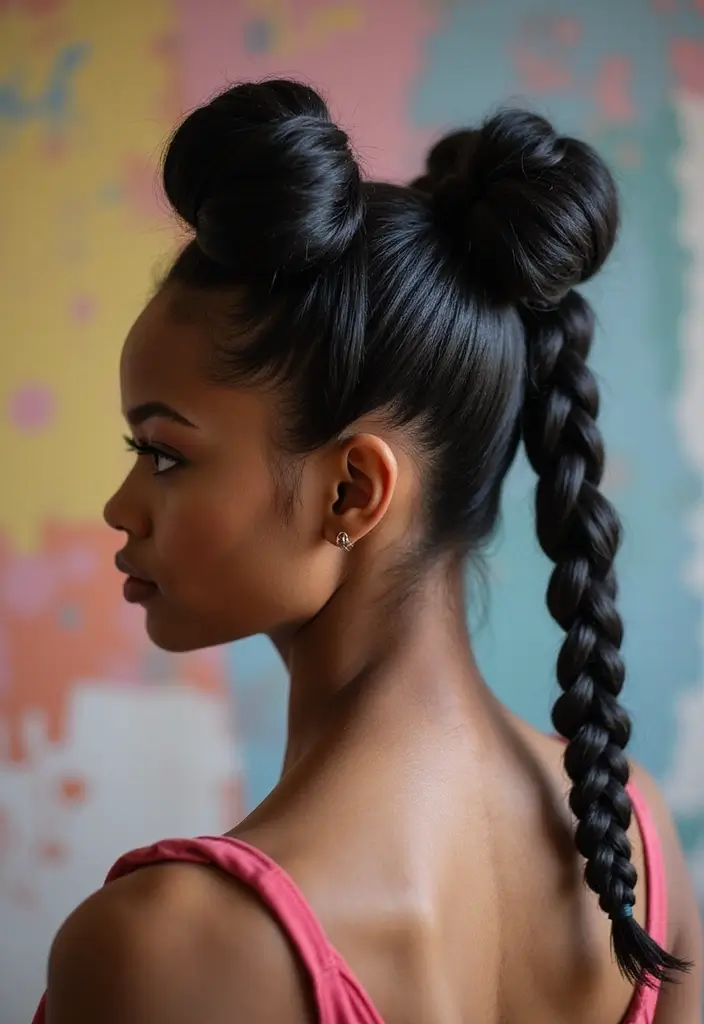 50 Two Buns Hairstyles for Black Natural Hair That Slay - 46. Two Buns with a Side Braid