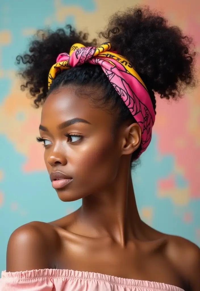 50 Two Buns Hairstyles for Black Natural Hair That Slay - 47. Two Buns with a Scarf