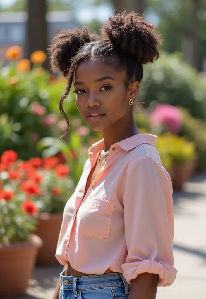 50 Two Buns Hairstyles for Black Natural Hair That Slay - 48. Two Buns with Highlights