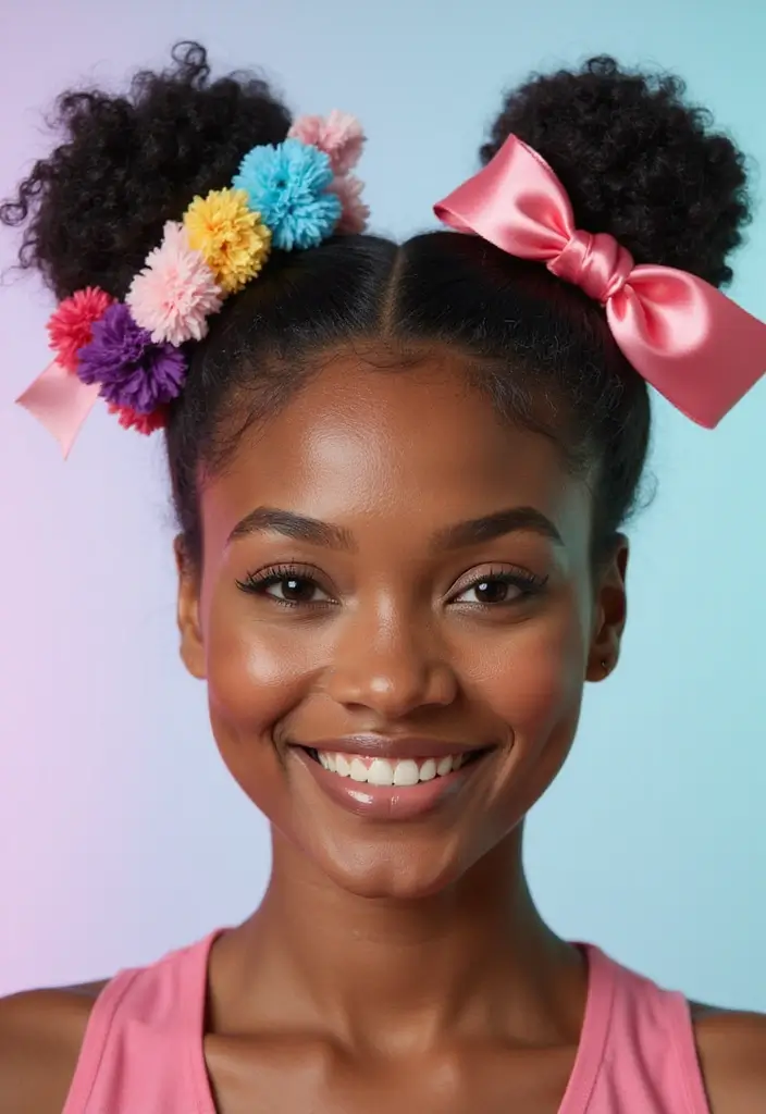 50 Two Buns Hairstyles for Black Natural Hair That Slay - 5. Two Buns with Hair Accessories