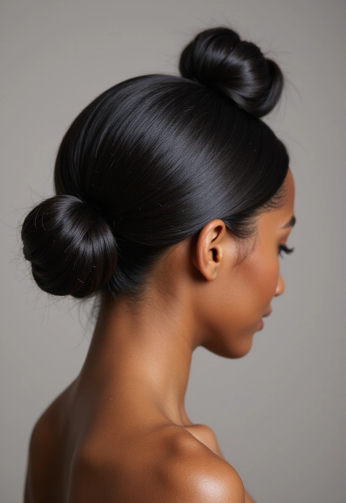 50 Two Buns Hairstyles for Black Natural Hair That Slay - 6. Sleek Center Part Buns