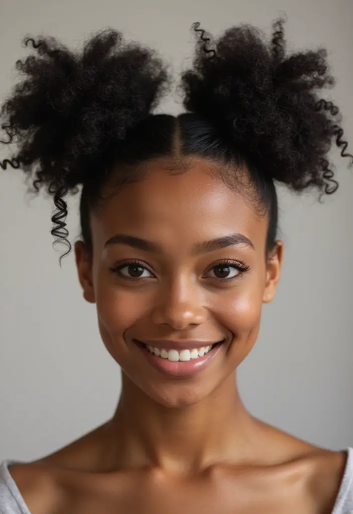 50 Two Buns Hairstyles for Black Natural Hair That Slay - 7. Curly Two Buns